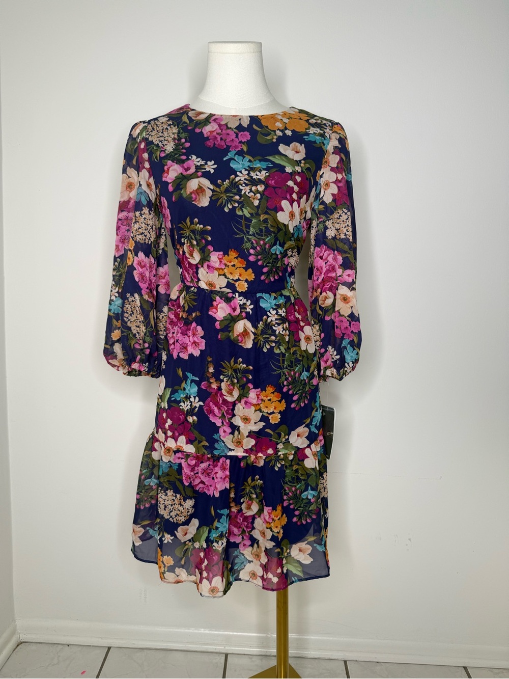 julia jordan Navy Floral Puff-Sleeve Midi Dress